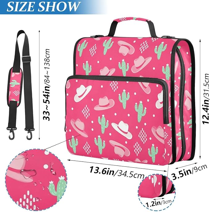 Cowboys Cowgirls Pink Pattern 3 Ring Zipper Binder with Shoulder Strap & Handle 1.5 Inch D-Ring Zippered Bag with Pencil Pouch, Expanding File Folder, Binder Organizer for School or Office
