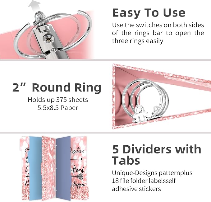 EYROZILL A5 Binder 2 Inch 3 Ring for 5.5" x 8.5" Paper with Clipboard and Pocket, Pink Mini Binders for School Office Supplies and Home, Stay Positive