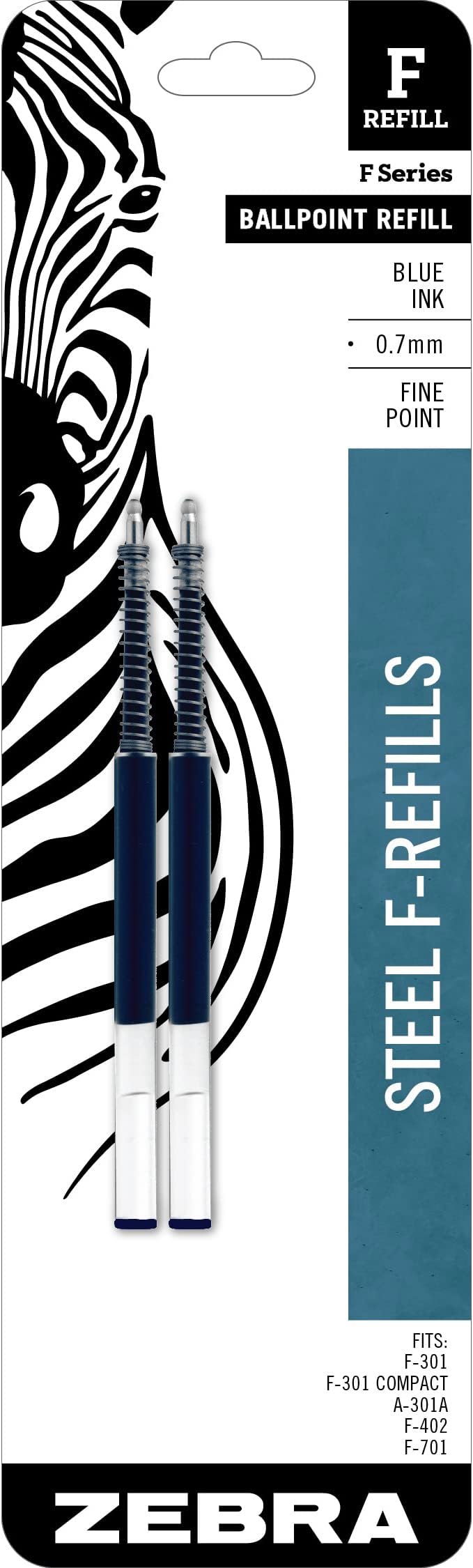 Zebra Pen Ballpoint Refill, Fits F-301, F-402, F-701, Blue, 0.7mm, 2-Pack
