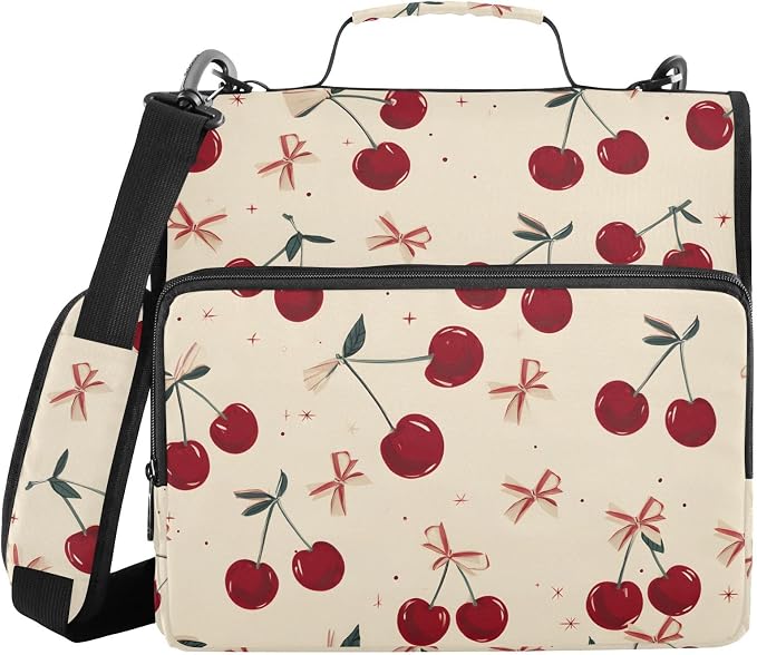 Retro Bow Cherry 3 Ring Binder Bag 1.5 inch Binder Organizer with Zipper Shoulder Strap 500 Sheet Documents Storage for School Office