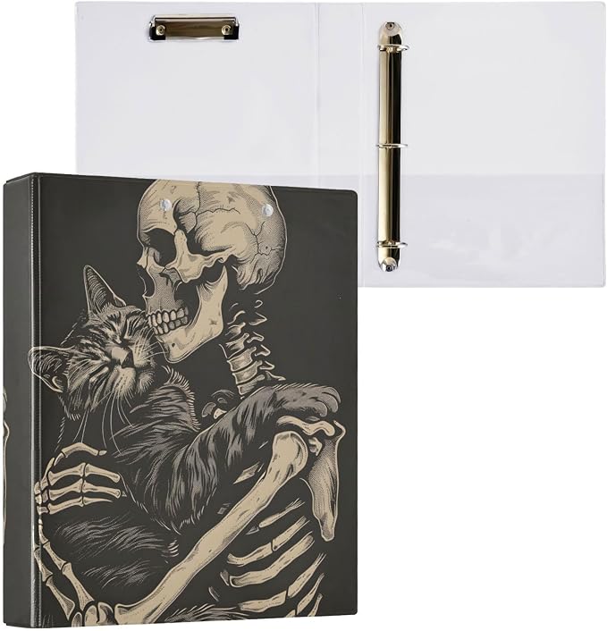 3 Ring Binder, Cat and Skeleton Skull File Folder Holds 200 Sheets File Storage for Women Men School Office Supplie