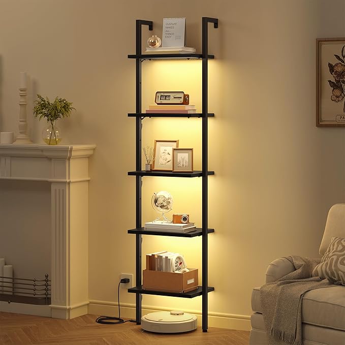 5 Tier Ladder Bookshelf with Light, Wall Mounted Ladder Shelf Black