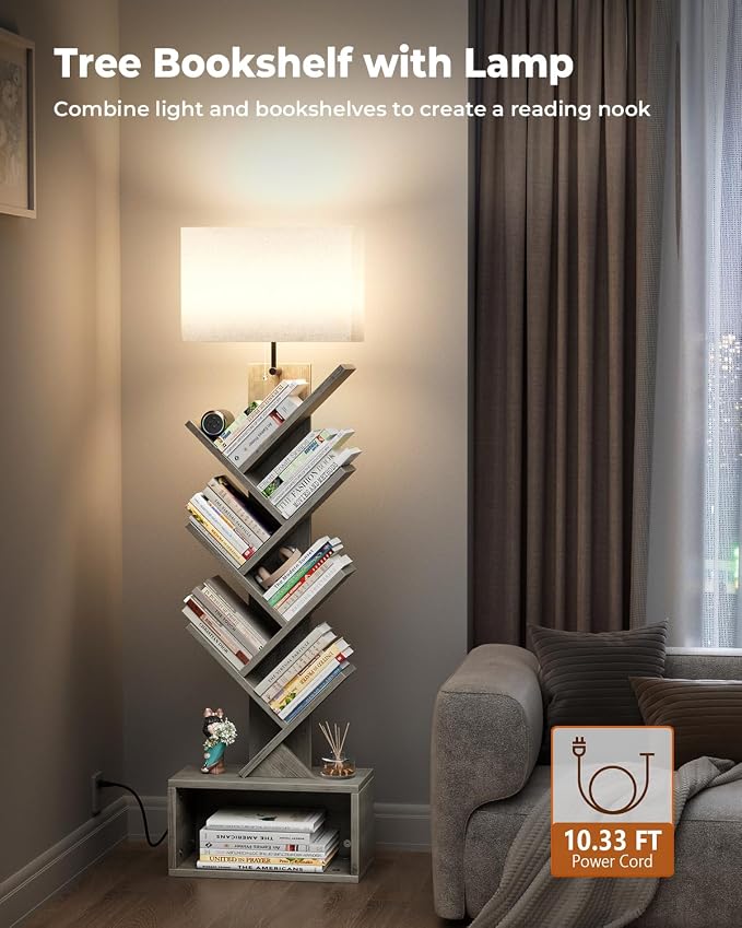 Evermagin 6 Tier Tree Bookshelf with Light, Bookcase, Gray | Narrow Tower Design, Storage Cabinet for Book Organization, Tall Floor Standing Use, Living Room, Bedroom and Home Office
