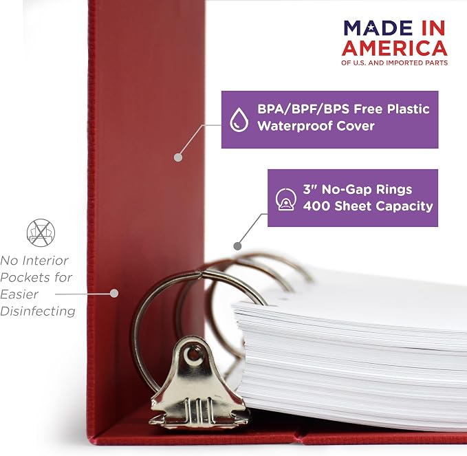 Carstens 3-Inch Heavy Duty 3-Ring Binder - Top Opening, Brick Red, Durable Plastic, No-Gap Rings, Waterproof Cover, No Pockets, Holds 400 US Letter Sheets, BPA-Free, Made in USA (1750-3R), Case of 12