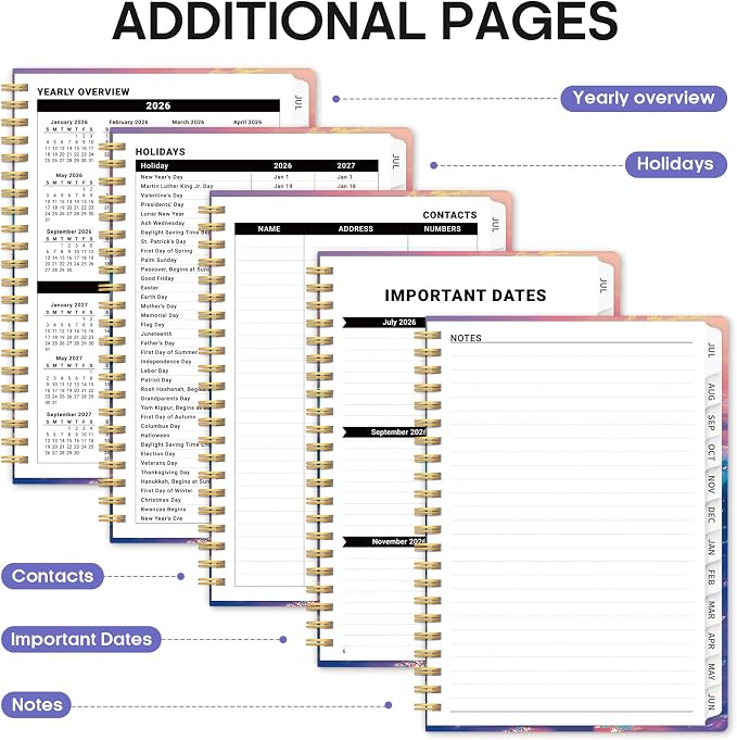 Planner 2026-2027, Monthly & Weekly Jul 2026-Jun 2027 Calendar Book | 6.3" x 8.5", Hardcover Spiral Planner with Tabs, School & Daily Pretty Agenda for Women, Students, Teachers, Sunwave Glow