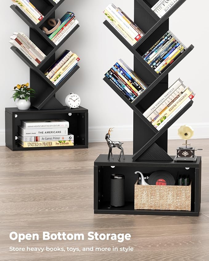 Evermagin 6 Tier Tree Bookshelf with Light, Bookcase, Black | Narrow Tower Design, Storage Cabinet for Book Organization, Tall Floor Standing Use, Living Room, Bedroom and Home Office