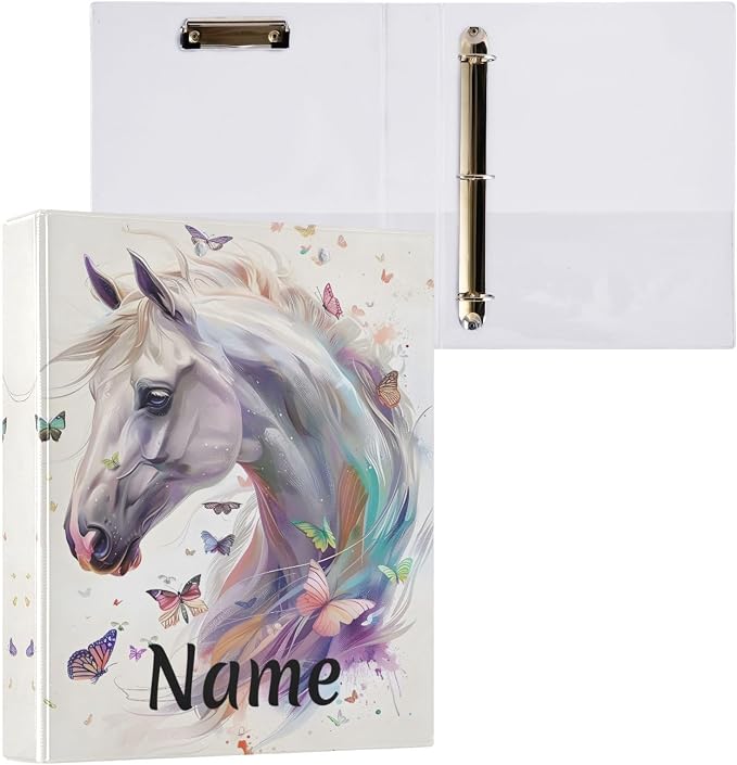 Custom 3 Ring Binder White Horse Butterflies 1.5" Round Ring Binders Personalized Name View Binder with 200 Sheet for Kids School Supplies Women Men Office, 1 Pack