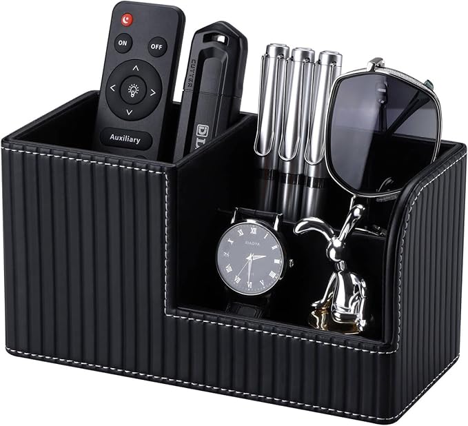 Desk Pen Organizer Office Supplies Caddy Pu Leather Multi-function Storage Box Pen/Pencil,Cell phone, Business Name Cards Remote Control Holder (Black)