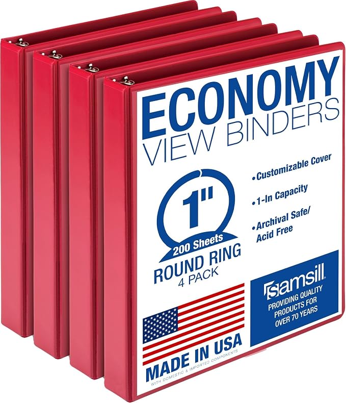 Samsill 1 Inch 3 Ring Binders,Made in USA,Economy Round Ring,Clear View Cover,200 Sheet Capacity - for School,Home,Office - Red,(Pack of 24)