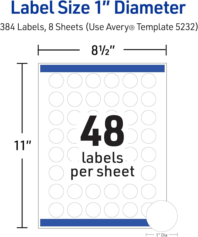 Avery Round Labels, 1" Diameter, Glossy Clear, Sure Feed Technology, Print-to-The-Edge Capability, Laser/Inkjet Compatible, 384 Printable Labels Total (5232)