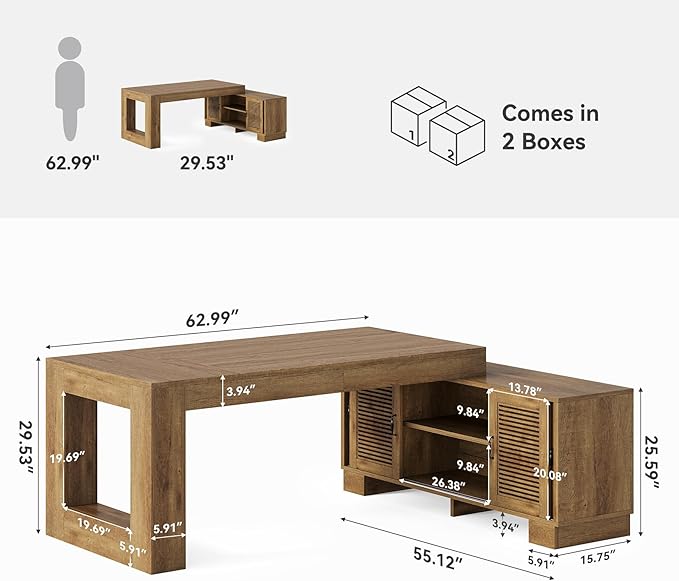 LITTLE TREE L Shaped Executive Desk, Large 63" Executive Desk with File Cabinet, Modern L Shaped Desk, Corner Computer Desk for Home Office & Business Furniture Workstation, Brown