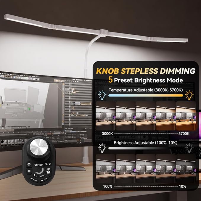 Adjustable LED Desk Lamp with Clamp, 4-Head Eye-Caring CRI95+ Desk Light, Stepless Dimming & Color Temp Remote Control, Flexible Neck, 5-Mode for Reading, Computer, Crafting, 90" Wide Desk Coverage