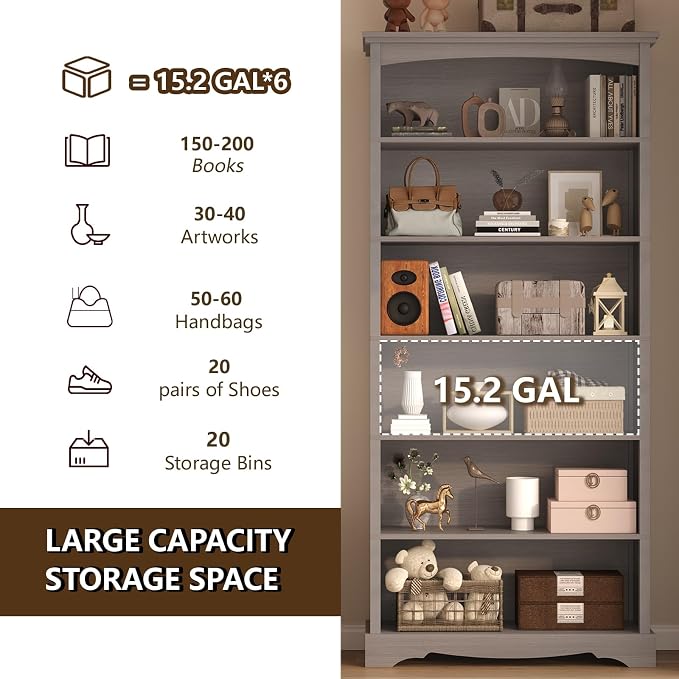 TVU 6-Tier Wooden Bookshelf, 76 Inch Tall Bookshelf with Storage, Floor Standing Modern Style Display Bookcase for Living Room, Office, Study Room, Entryway, Grey
