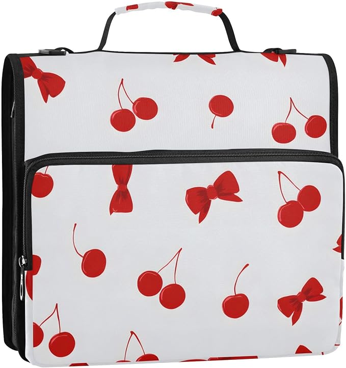 3 D-Ring Zipper Binder Bag, Cherry Red Bow Pattern White Removable Binder with Zipper Case Hold 300+ Sheets& 13 Inch Laptop for School Office Supplies Organizer