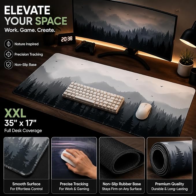 XXL Gaming Mouse Pad 35x17 Inch, Misty Forest Landscape Desk Mat Extended | Large Extended Mouse Pad with Non-Slip Rubber Base, Waterproof Keyboard Mat for Gaming, Office, Laptop & Desktop Setup