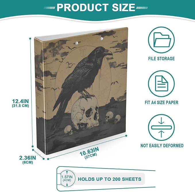 JIPONI 3 Ring Binder Gothic Style Crow 1 Inch Round Binders for Men Women Students, Cute File Organizer for Office Home School