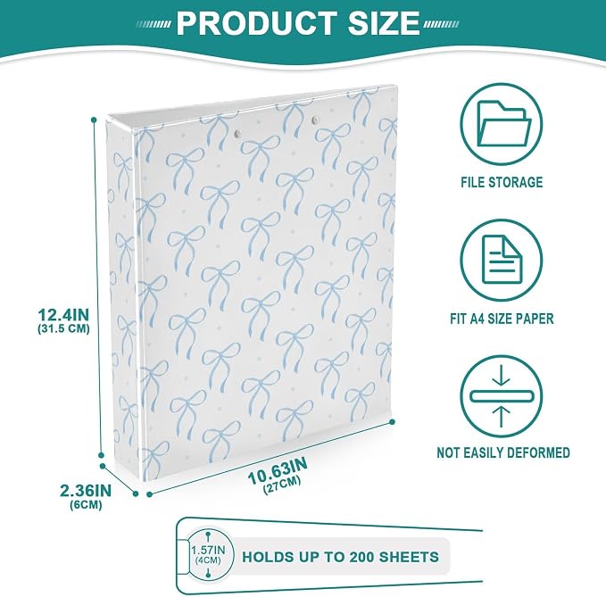 Aslsiy Kids 3 Ring Binder 1.5 Inch Blue Cute Bows Dots Round Clipboard Binder Girls Decorative Harcover Binders Organizer for Office School Supply