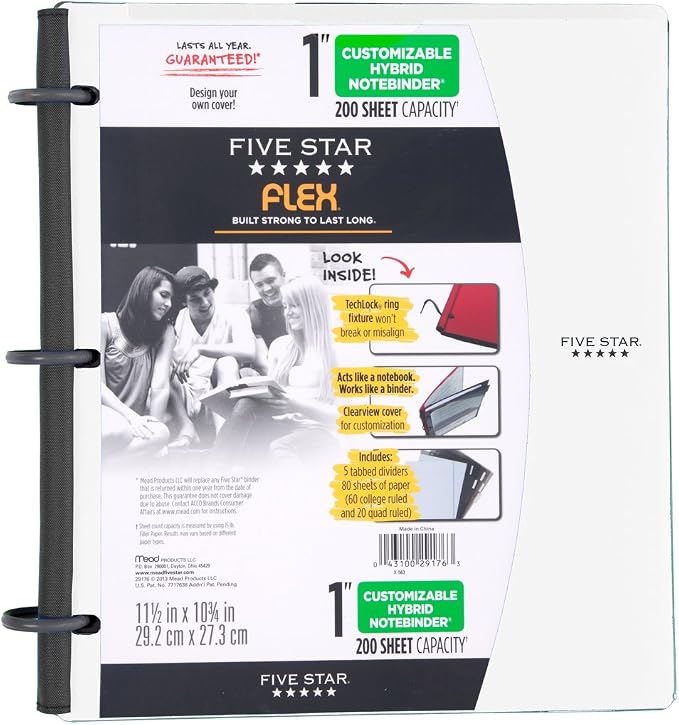 Five Star Flex Hybrid NoteBinder, 1 Inch Binder with Tabs, Notebook and 3 Ring Binder All-in-One, White (72520)