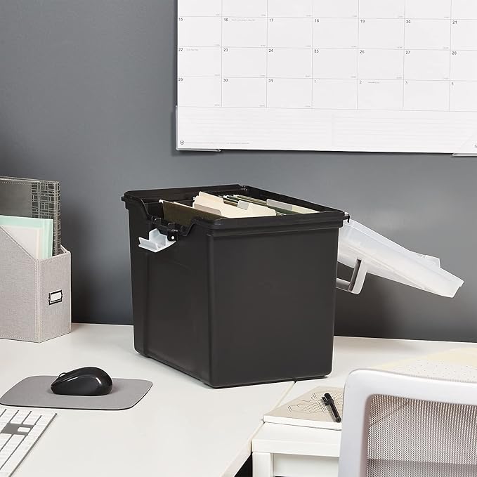 Staples File Folder Tote, Portable Filing Box for Letter Size Hanging Files | Black/clear tote with security latch and built-in lid organizer for easy file transport.