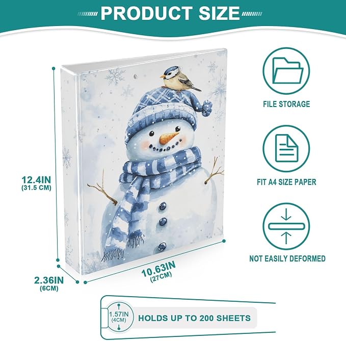Winter Snowman Bird Snowflake Blue and White 3 Ring Binder 1.5" Decorative D-Ring Binder with Clipboard&3 Clear Pockets, Holds 200 Sheets A4 Size Paper Waterproof Binders for School Home Office|2 Pack