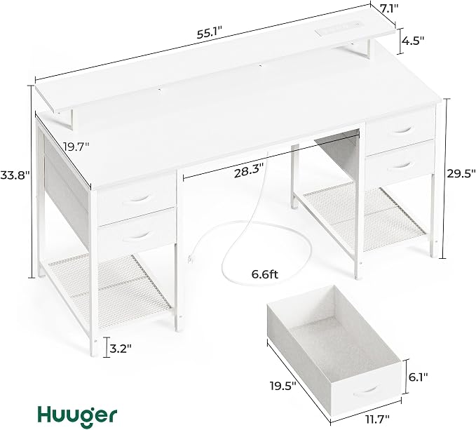 Huuger 55 inch Computer Desk with Power Outlets & 4 Drawers | Gaming Desk with LED Lights, Home Office Desk with Large Storage Space for Bedroom, Work from Home, White