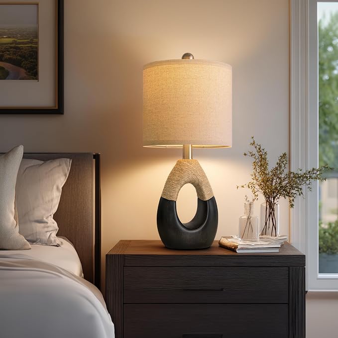 19" Table Lamps Set of 2, Bedside Lamps for Bedroom, Boho Lamps for Living Room, Rustic Lamps for Office, Vintage Design Nightstand Lighting (Bulb Not Included, Black)