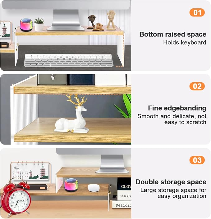 YGYQZ Adjustable Monitor Stand Riser, 7.67"×19.3" Dual Monitor Desk Stand | Adjustable Monitor Riser, Expandable Desk Organizer, 2-Tier Storage, Acrylic Legs, Ergonomic Workspace, Wood Wavy