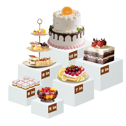 6PCS White Acrylic Buffet Risers Food Display Stands for Buffet Table Party Catering Dessert Jewelry Collectibles, Acrylic Cube Nesting Boxes with Hollow Bottoms 6 Sizes (Size 5",6",7",8",9",10")