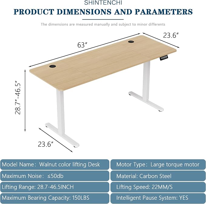 Shintenchi Standing Desk, 63x24 Inch Height Adjustable Electric Sit Stand up Desk, Ergonomic Rising Computer Table, Modern Lift Gaming Desk Workstation for Home Office, White