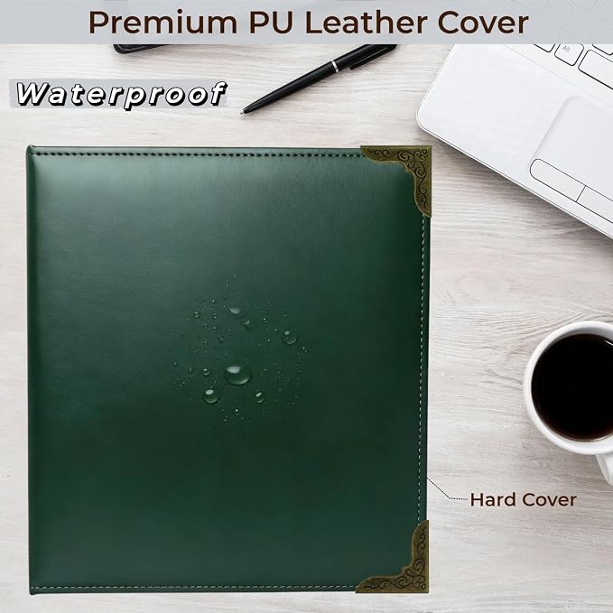 Vintage Hardback Leather 3 Ring Binder, 1.3 Inch D Ring, Three Ring Binders Fits 8.5" x 11", Corner Protectors, PU Leather Cover, for Photo Album, Home, Professional Office & School Supplies, Green