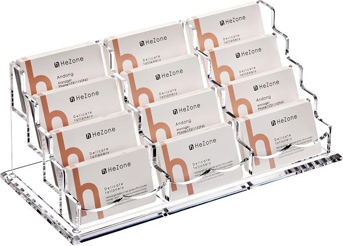 HeZone Business Card Holder Display for Desk, 12 Slot 4 Tier Multiple-Clear Acrylic Business Card Stand Set, Holds Approximately 600 Cards(12 Cell H)