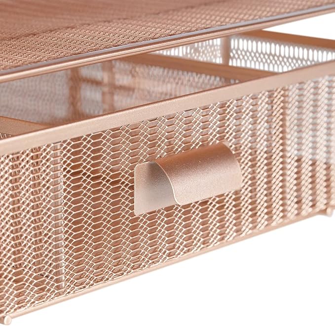 BLU MONACO Rose Gold Desk Organizer with Drawer | Metal Mesh Desktop Rack with File Sorters & Paper Storage | Space-Saving Workspace Organizer for Home Office, Cubicle, Kitchen or Dorm