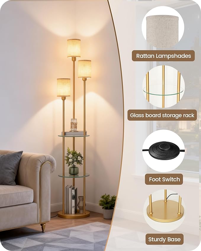 Floor Lamp with Shelves, Modern Floor Lamp with 3 Linen Shades and Foot Switch, 3-Light Standing Lamp, for Living Room, Bedroom, Study, Office, Gold and Beige ED53LD05