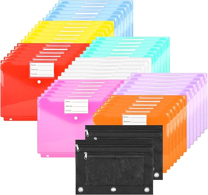 48+2PCS Multi-Color A4 3 Ring Binder Pocket Folders with Pockets, Bulk Zipper Pouch, 3 Ring Folder for Binder Organizer with Label, Letter Size Plastic Envelopes with Snap Closure