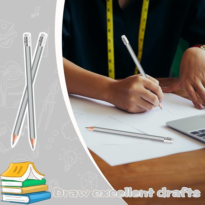 36 PCS Silver Colored Pencils with Eraser Pre Sharpened Pencil 2 HB - Ideal for Checking, Grading, Tests & Office/School Supplies (Silver)