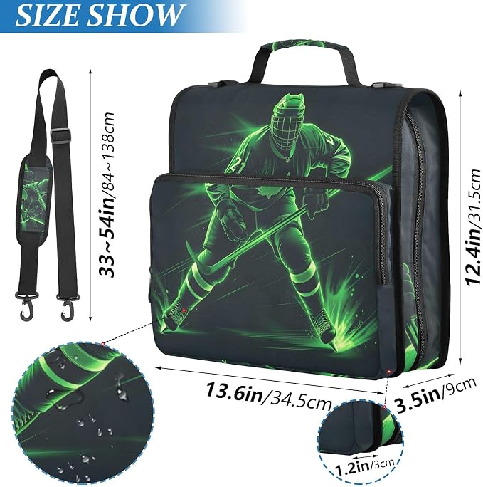 3 D-Ring Zipper Binder Bag, Green Hockey Player Removable Binder with Zipper Case Hold 300+ Sheets& 13 Inch Laptop for School Office Supplies Organizer