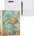 Nautical World Map Vintage Sea Turtle Binder 1.5 Inch Binder with Clipboard&Pockets, Hardcover Binders 3 Ring, Heavy Duty Large File Folder for Office School Supplies - Holds 200 Sheets