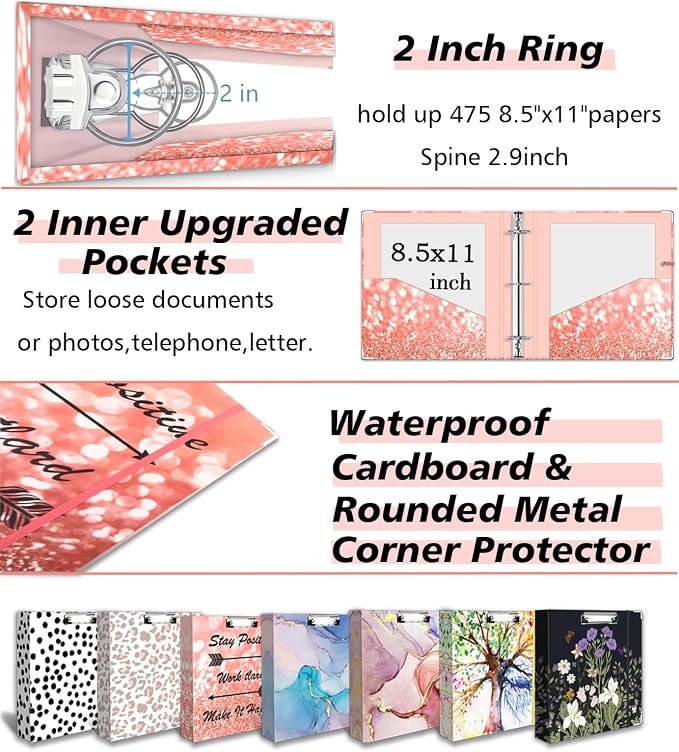 3 Ring Binder 2 Inch, Three Ring Binders Organizer with Clipboard, 5-Tabs Pockets Dividers, Plastic Folder, 18 Divider Stikers, BVSSX Pink Decorative Binder with Pen Loop (Stay Positive, Letter Size)