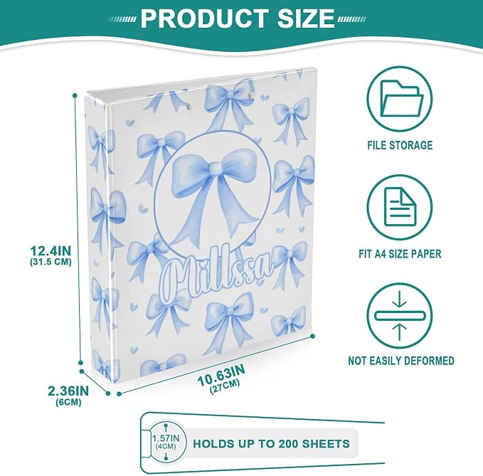 Blue Bows 3 Ring Binder with Clipboard Round Ring Binders White Name Custom Binder 3 Interior Clear Pockets for Office Supplies 1 Pack