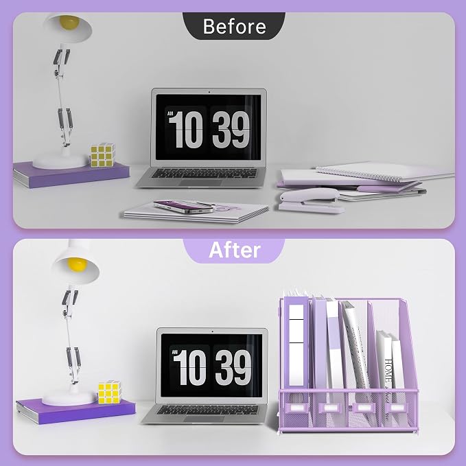 4-Compartment Magazine File Holder and File Organizer for Desk, Purple | Metal Magazine Holder and Magazine File Holder, 4-Compartment File Organizer for Binders Folders Magazines and Paper