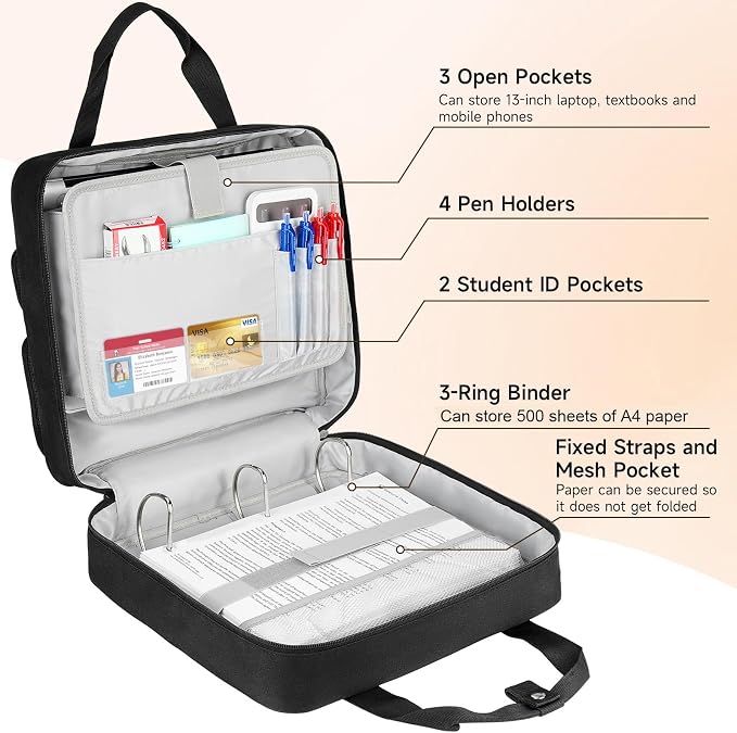 Zipper Binder 3 Ring, 500 Sheets Capacity, Binder 2 Inch with Shoulder Strap Fits 13 Inch Laptop for School and Office,Black