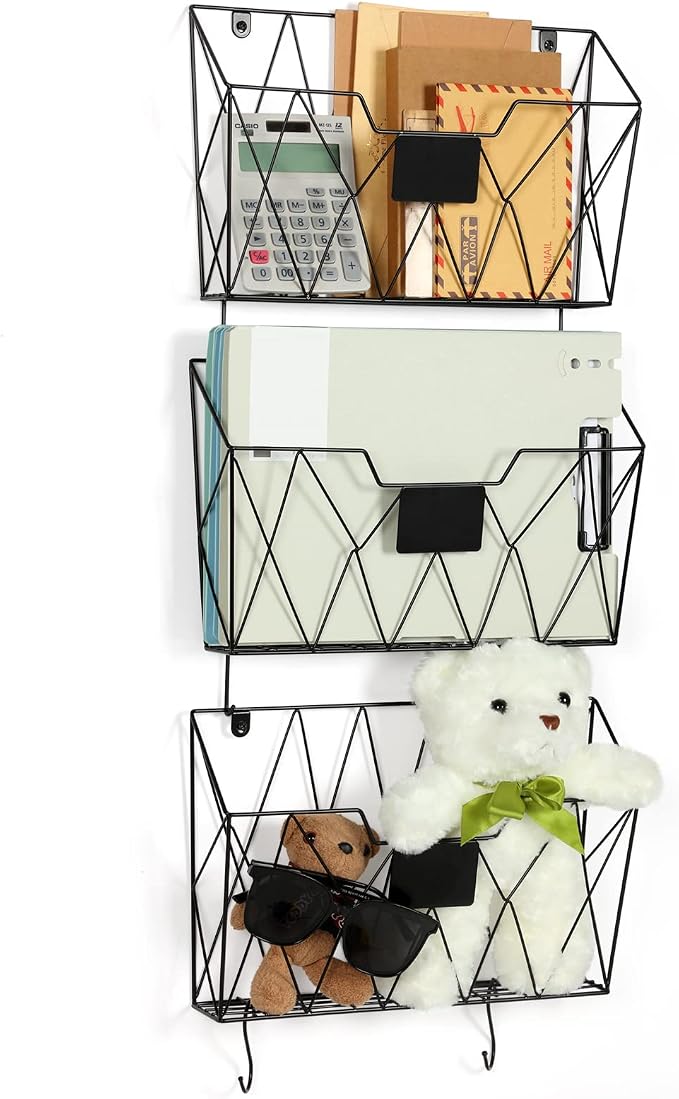 Wall File Organizer, 3 Pack Metal Wall Basket File Holder for Home Office | Vertical Hanging File Organizer, Mail Organizer Wall Mounted Magazine with Label Slot & Hooks, Sorts paper, Mails & Supplies