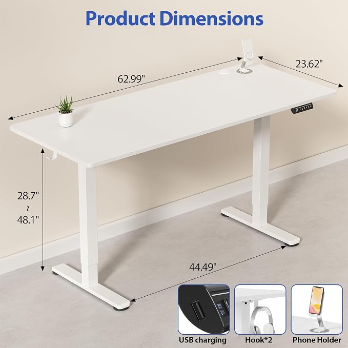 YESHOMY Height Adjustable Electric Standing Desk, 63 x 24 Inches Memory Home Office Sit Stand up Desk with Phone Holder and USB Charging Port, White