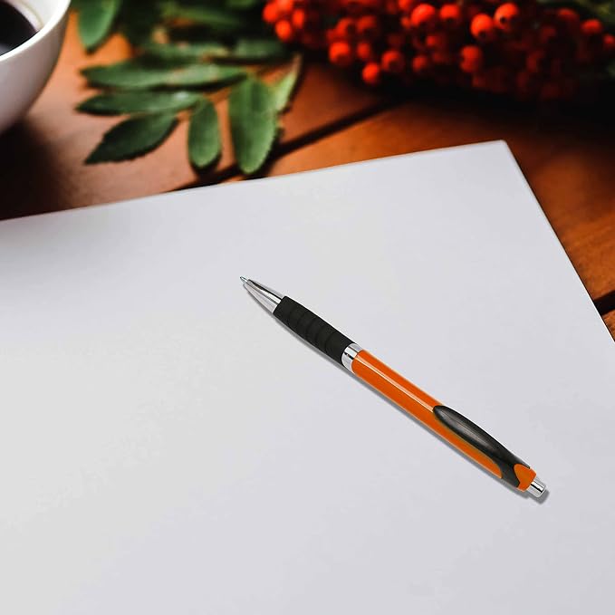 DISCOUNT PROMOS Ballpoint Pens With Rubber Grip - 10 pack - Black Ink Ball Point Pen with Soft Touch Plastic - Orange