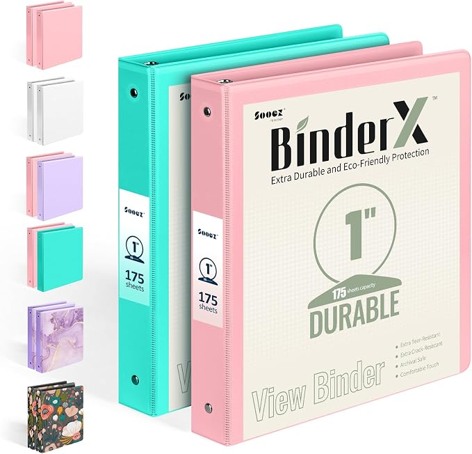 2 Pack BinderX Extra Durable 3 Ring Binder, 1 Inch Binder Round Rings, Fits 350 Sheets of 8.5x11 Paper, Customizable View Cover with Inside Pockets, Cute 1 Inch Binders 3 Ring, Pink & Aqua Blue