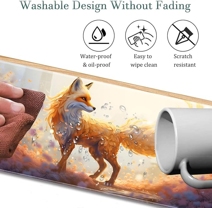 Extended Gaming Mouse Pad 31.5" x 11.8", with Edge Stitching, Non-Slip Rubber Base Keyboard Pad, Suitable for Work, Game, Office, Home and Coasters, Fox