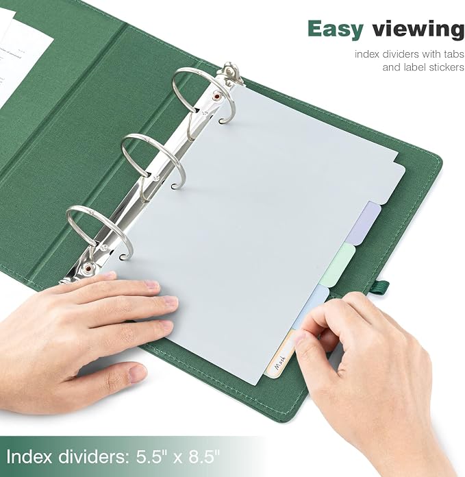 Ospelelf Mini 3 Ring Green Binder 2 inch, 5.5 x 8.5 Small Clipboard Binders Dividers with Tabs, Linen Binder Organizer for Office, School