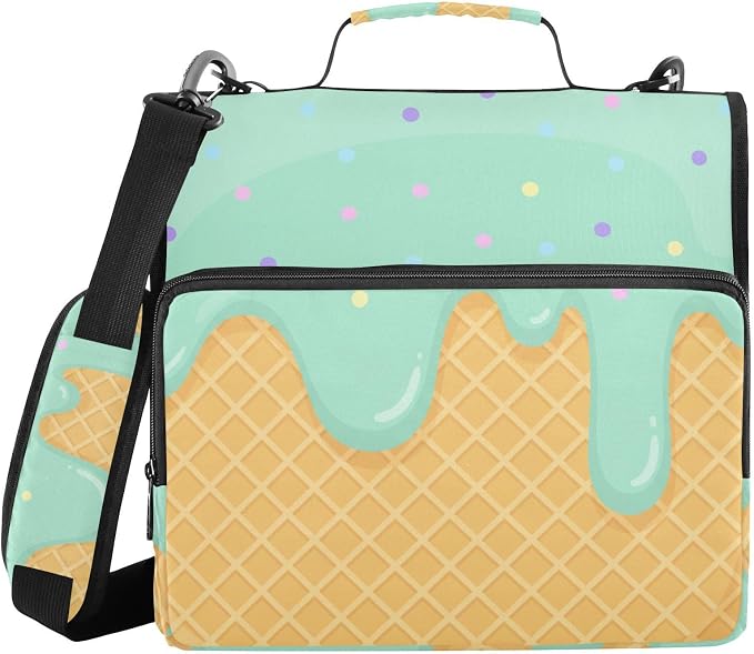 ALAZA Zipper Binder 3 Ring Green Ice Cream of Waffles Binder Organizer with Zipper and Shoulder Strap Large Capacity Multi-Pocket Trapper Keeper File Folder for Office Supplies