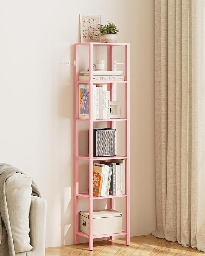 Open Book Shelf, 6 Tier Tall Bookshelf, Freestanding Shelf Narrow Bookcase with Open Shelves, 14.57" x 10.63" x 65.83", Book Shelves for Living Room, Office, Study, Pink