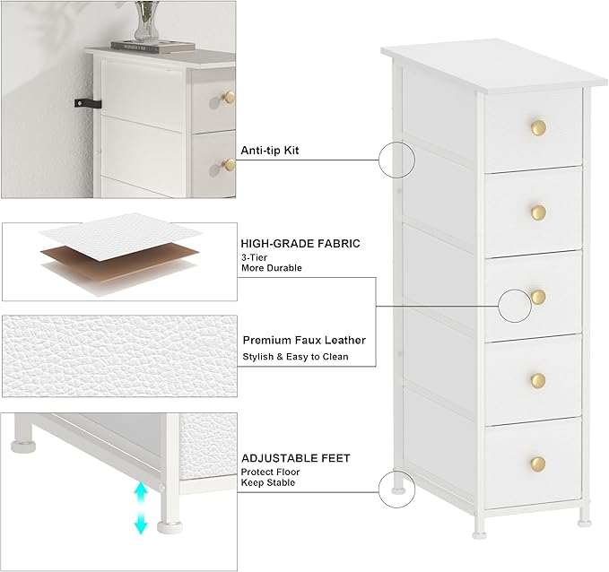 GiftGo Narrow Dresser Cabinet Vertical Slim Dresser Chest of Drawers Skinny Storage Tower for Small Spaces Gaps Closet Bedroom Bathroom Small Fabric Drawer Unit (White, 5 Drawers)